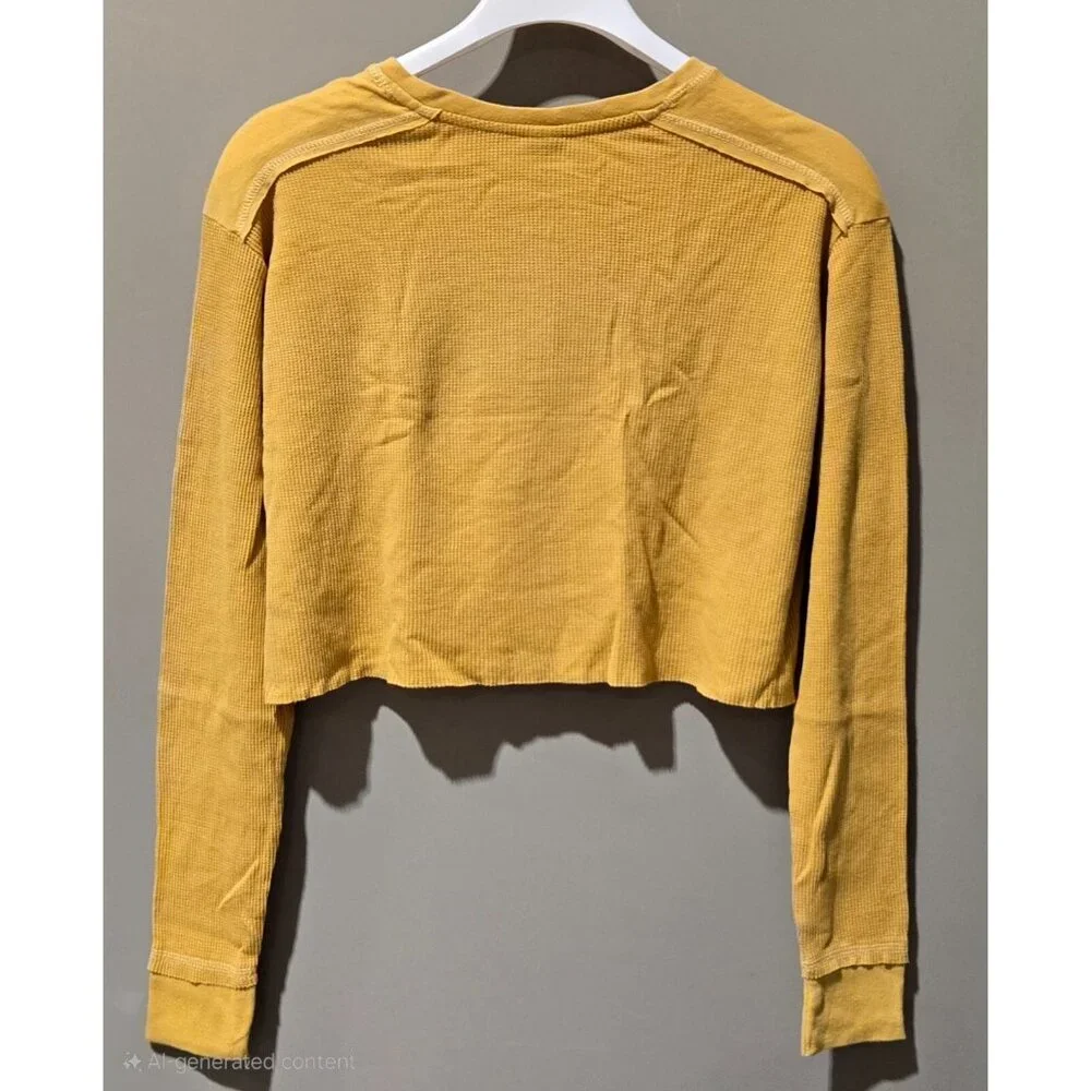 Wild Fable Autumn Yellow LS Waffle Knit Cropped Henley Top T-Shirt -- Size Large - Picture 3 of 8